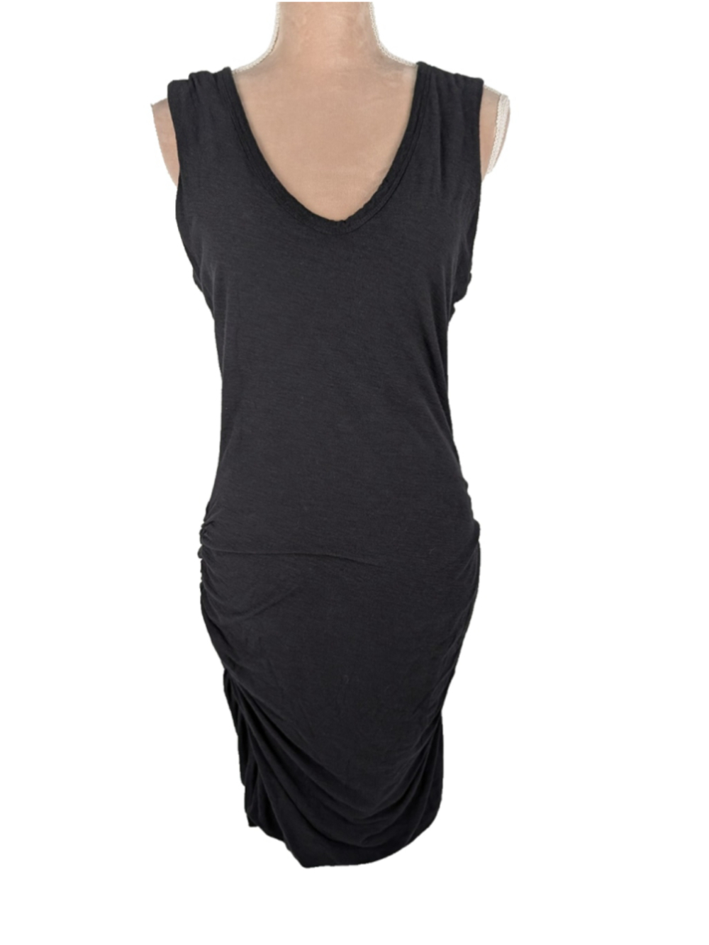 James Perse Ruched Midi Tank Dress Sz L Black Bodycon Classic Staple Date Night